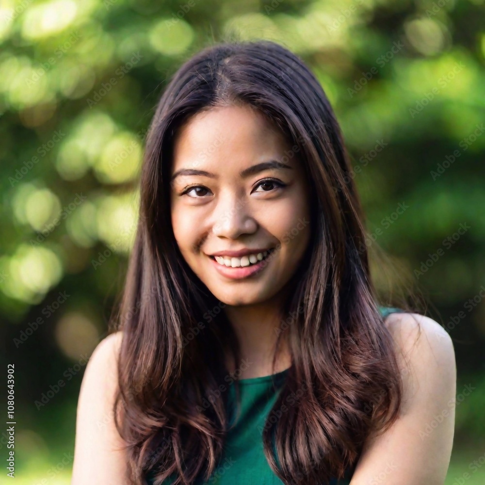 detailed photo image of Asian girl with brunette hair, using soft focus. green abstract background detailed photo image of Asian girl with brunette hair, using soft focus. green abstract background