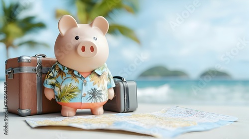 Cheerful Piggy Bank in Tropical Suit by the Beach - Travel Inspiration with Suitcase Map and Ocean Waves for Vacation Planning and Financial Goals