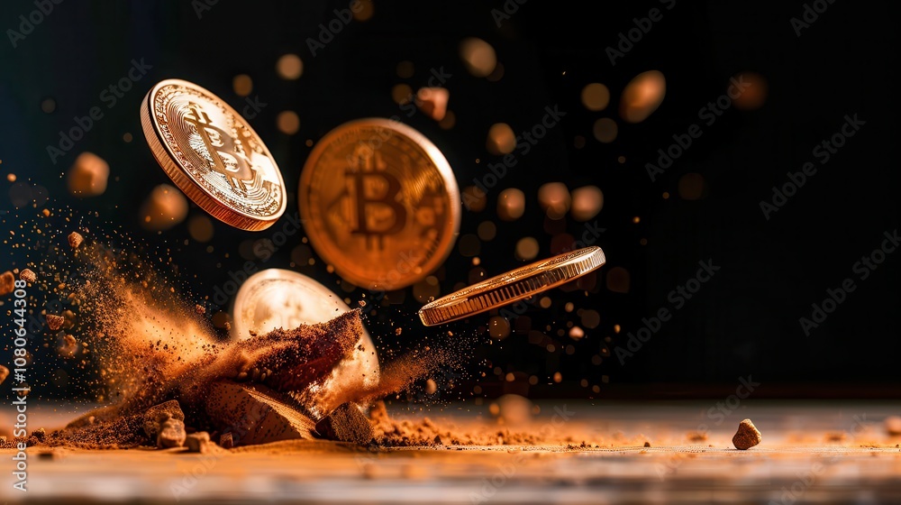 Cryptocurrency can be a hedge against inflation.The image depicts Bitcoin coins appearing to explode from a ground of dust, symbolizing cryptocurrency's dynamic nature and value. Cryptocurrency can be a hedge against inflation.The image depicts Bitcoin coins appearing to explode from a ground of dust, symbolizing cryptocurrency's dynamic nature and value.