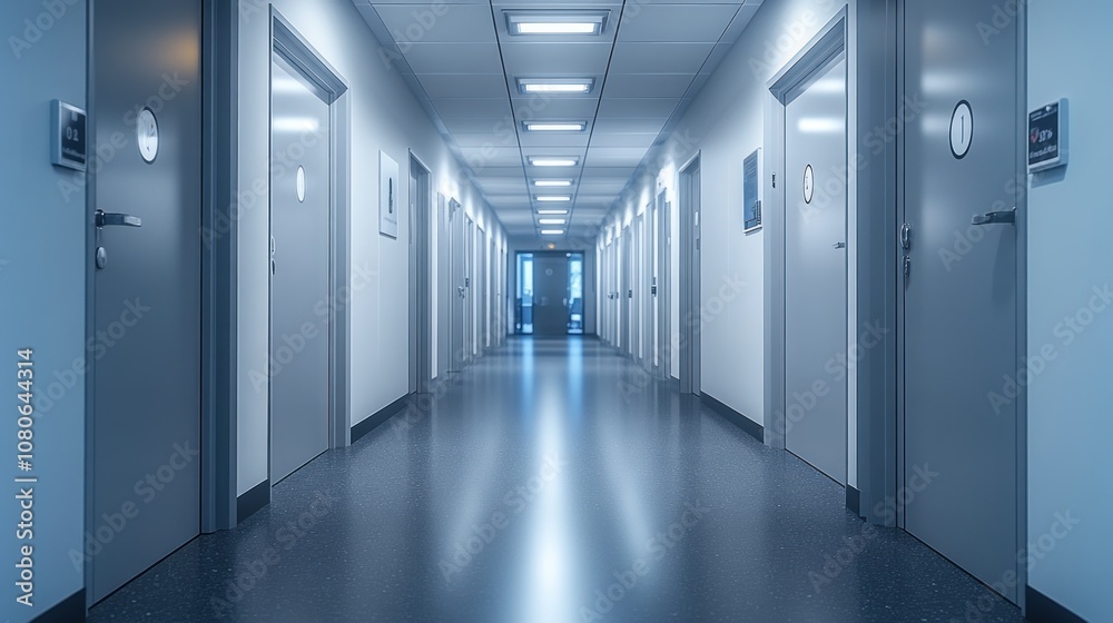 A corridor lined with doors, leading to an illuminated end. A corridor lined with doors, leading to an illuminated end.