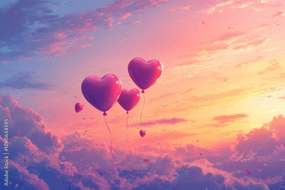 Fototapeta premium Heart Balloons in a Pink and Orange Sunset Sky