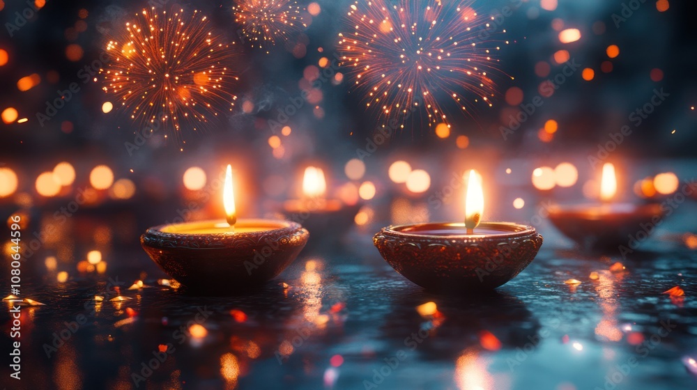 Lit diya lamps with fireworks in the background. Lit diya lamps with fireworks in the background.