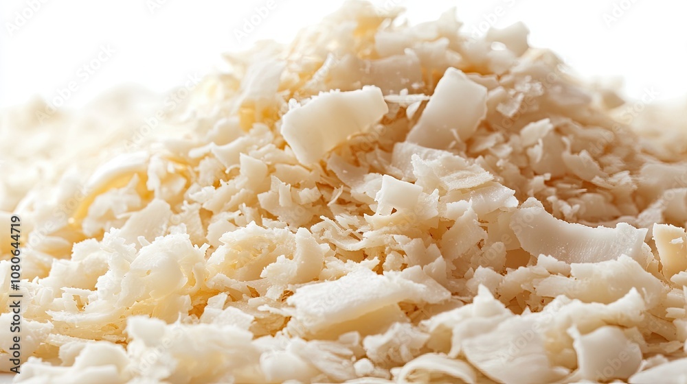 Continents of coconut curls, shavings, isolated on a white background, selective focus Continents of coconut curls, shavings, isolated on a white background, selective focus