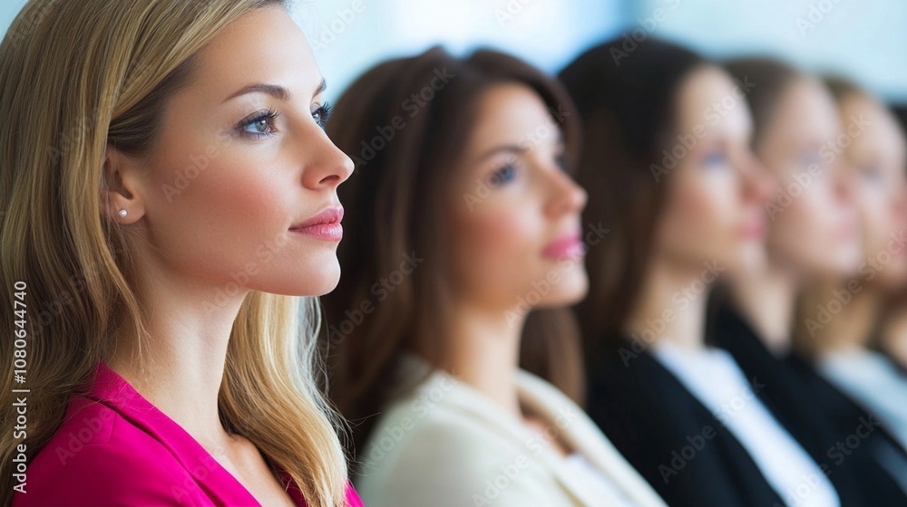 Profile view of diverse women standing in a row, showcasing different hair colors and professional attire. Concept of female empowerment and unity in workplace. Profile view of diverse women standing in a row, showcasing different hair colors and professional attire. Concept of female empowerment and unity in workplace.