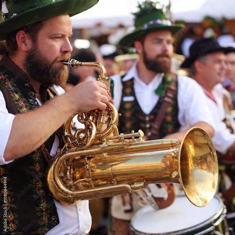 Obraz premium extreme close-up image of a Bavarian band playing inside a beer tent at Munich Oktoberfest. The rack focus moves from the musicians' instruments to the energetic crowd dancing and enjoying the music, 