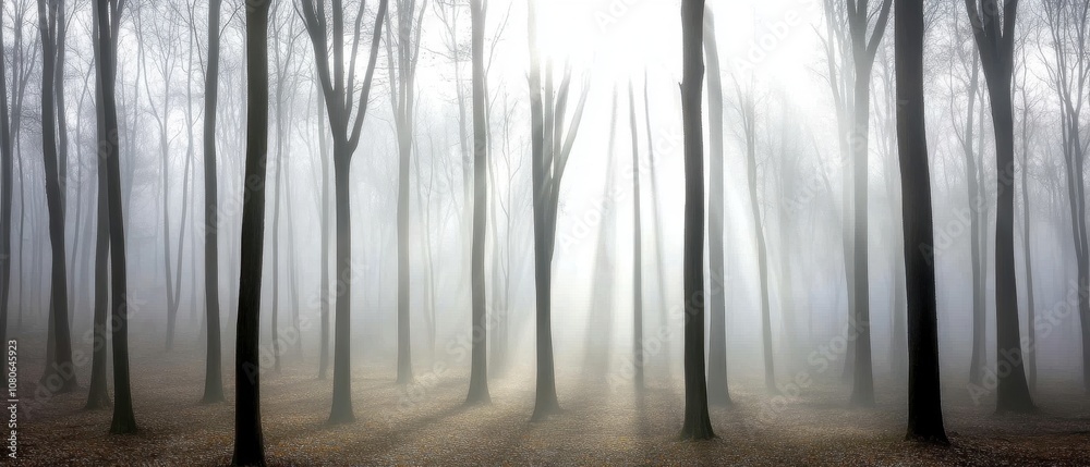 Obraz premium A foggy forest scene with tall, bare trees and soft light filtering through the mist, creating a mysterious and tranquil atmosphere.