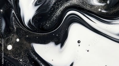 Abstract black and white liquid swirl with silver glitter.