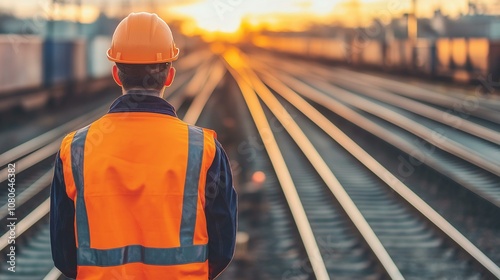 Railway worker in orange vest and hard hat surveys the tracks at sunset, ensuring safety and maintenance.