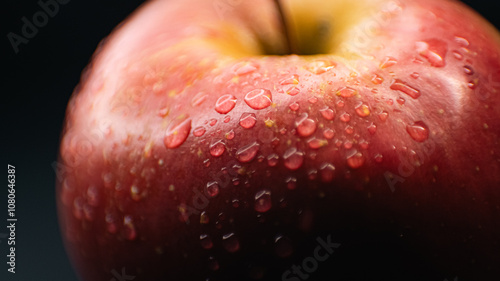 Photography Texture-rich macro photo of a red apple, capturing water droplets on its skin for a fresh and vibrant look