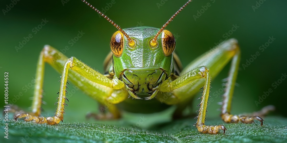 A vibrant close-up of a green grasshopper with striking antennae and detailed features set against a soft-focus natural background in lush green hues A vibrant close-up of a green grasshopper with striking antennae and detailed features set against a soft-focus natural background in lush green hues