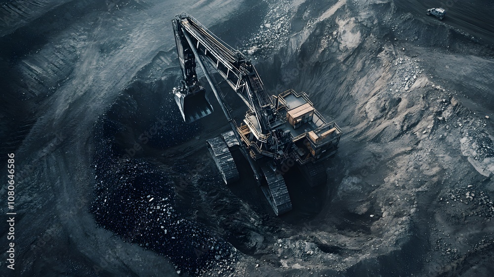 Aerial view of a large excavator working in a coal mine. Aerial view of a large excavator working in a coal mine.