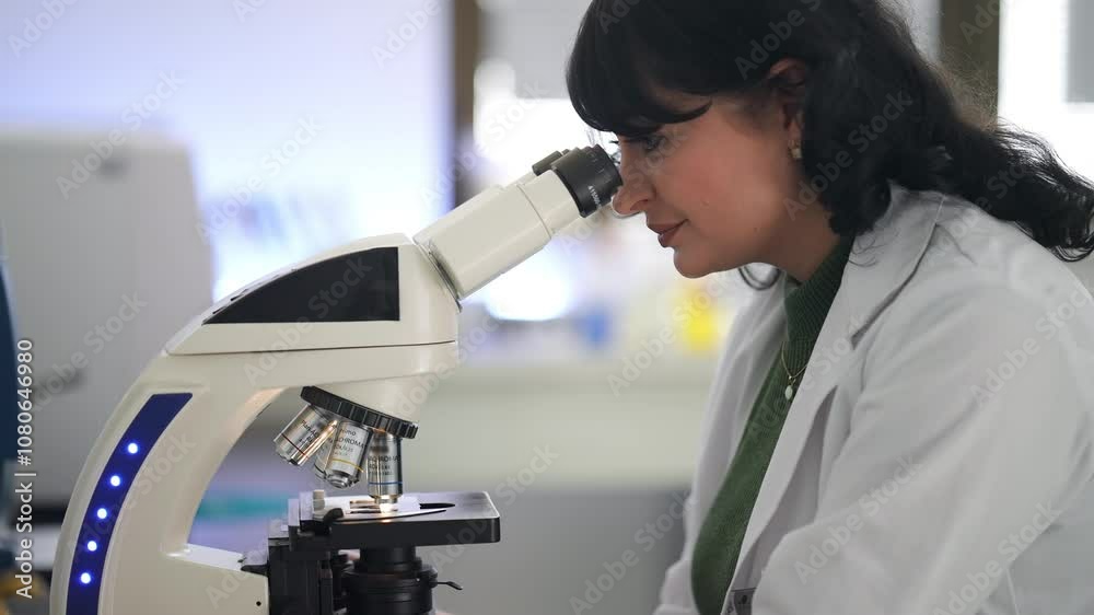 Close-up of a female scientist focused on observing a sample under a microscope in a modern laboratory. Concept of scientific precision, laboratory research, and professional expertise. Close-up of a female scientist focused on observing a sample under a microscope in a modern laboratory. Concept of scientific precision, laboratory research, and professional expertise.