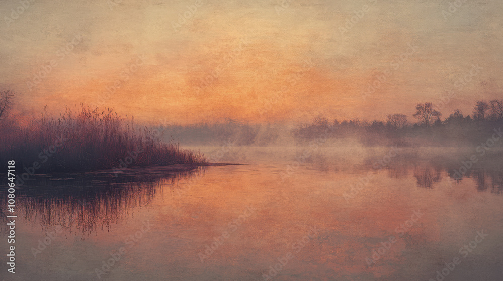 Tranquil morning mist over serene lake with orange sky and reflection Tranquil morning mist over serene lake with orange sky and reflection