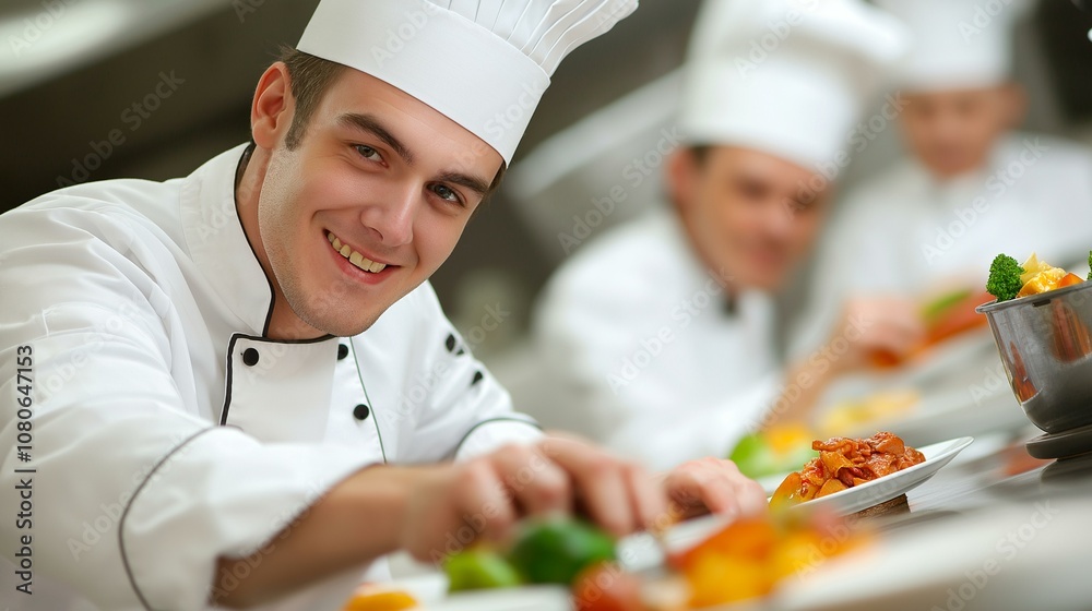 Cheerful chef garnishing a dish in a lively professional kitchen setting. Cheerful chef garnishing a dish in a lively professional kitchen setting.