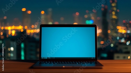 Modern Laptop on Wooden Desk with Blurred Urban Cityscape Background