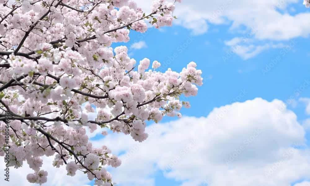 Cherry blossoms against a white-blue cloud background Cherry blossoms against a white-blue cloud background