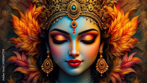 Portrait of an Indian goddess with intricate makeup and traditional attire, symbolizing spirituality, devotion, and culture