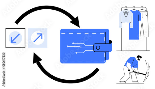 Digital wallet with circuit design, arrows indicating flow, icons for trends, clothing on rack, worker forging. Ideal for fintech, e-commerce, digital payments, workflow fashion industry digital