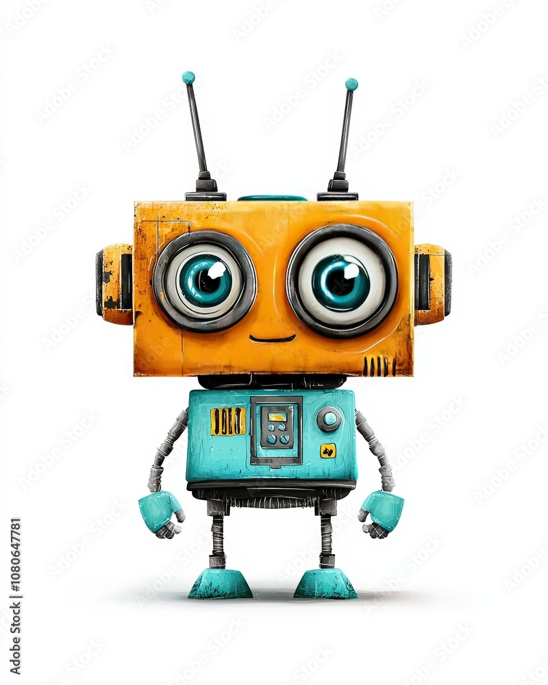 Fototapeta premium Cute robot character, white isolate background