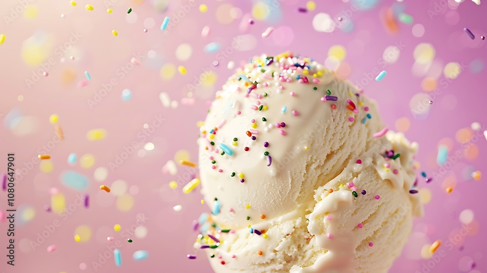 A close-up of a scoop of vanilla ice cream topped with colorful sprinkles against a soft pink background. A close-up of a scoop of vanilla ice cream topped with colorful sprinkles against a soft pink background.