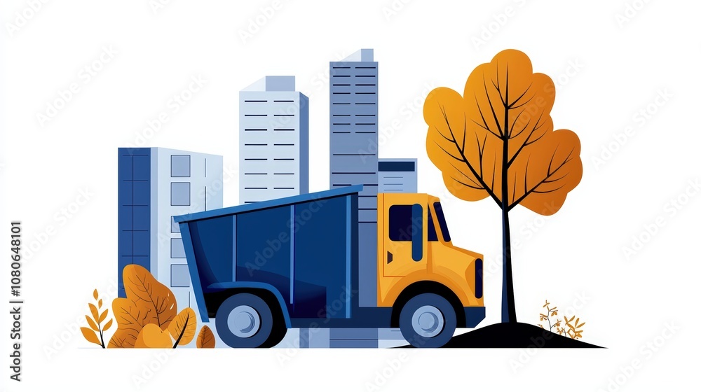 Naklejka premium Dump truck in urban environment with autumn trees