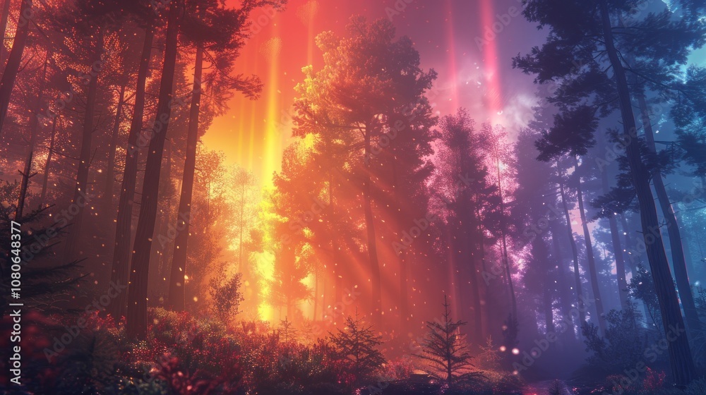 Fototapeta premium A surreal and vibrant forest scene with colorful light beams illuminating the trees and undergrowth.