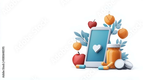 Health app with phone, pills, and fruits. photo