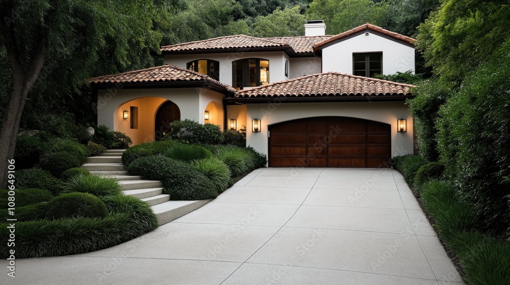 Elegant two-story Mediterranean-style house with terracotta roof, stone steps leading to entrance, lush green landscaping, and a wooden garage door. Elegant two-story Mediterranean-style house with terracotta roof, stone steps leading to entrance, lush green landscaping, and a wooden garage door.