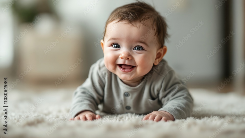 Adorable baby crawling on the floor with a happy expression, wearing a cute outfit and smiling at the camera in a cozy home setting Adorable baby crawling on the floor with a happy expression, wearing a cute outfit and smiling at the camera in a cozy home setting