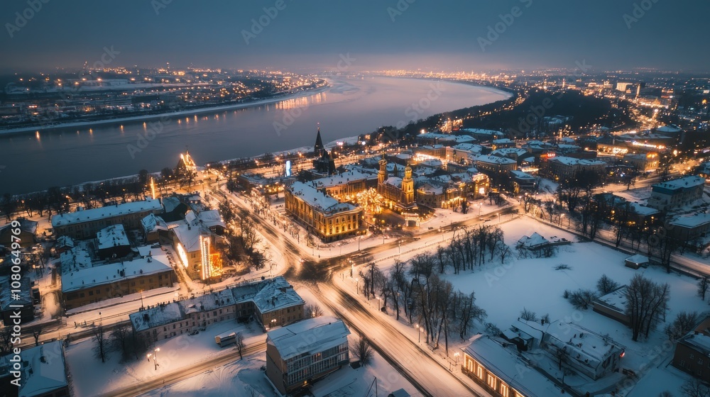 Fototapeta premium Cityscape with a river and snow covered streets at night.