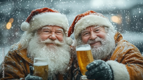 Two Santa Claus with glasses of beer celebrate Christmas. Old men are drinking. Merry Xmas photo