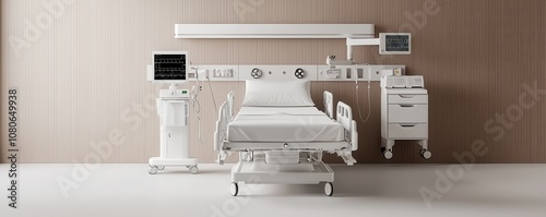 A modern hospital room featuring a clean, white patient bed surrounded by advanced medical equipment against a warm wooden backdrop.