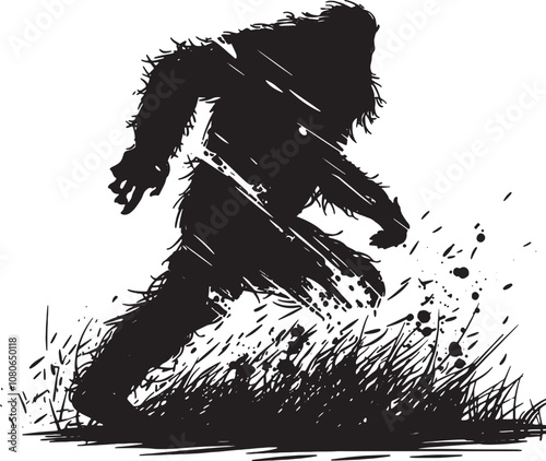 Grunge Bigfoot Running Through Long Grass Silhouette Vector Illustration Graphic