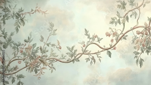 Mannerist-style leaves bending with elegance in soft pastel sky tones