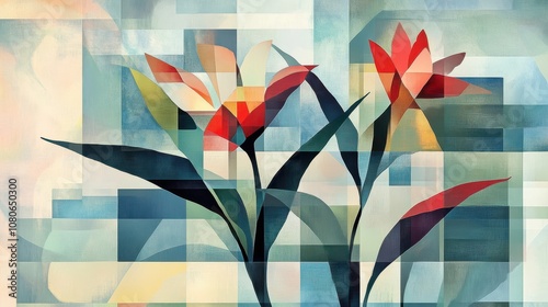 Cubist flowers with sharp shapes and bold hues on a structured backdrop