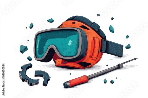 Safety goggles with tools and debris. photo