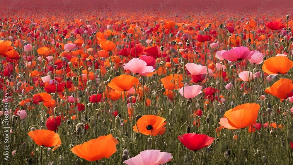 Fototapeta premium Field of colorful poppies in shades of red orange and pink, Ai Generated