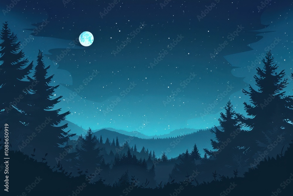 Fototapeta premium Nighttime forest scene with a full moon and starry sky