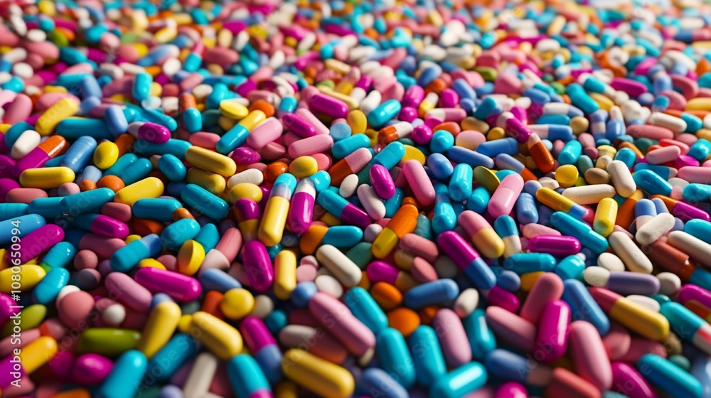Vibrant sea of multicolored pills and capsules fills the frame, showcasing a diverse array of pharmaceutical products in a striking visual display of modern medicine. Vibrant sea of multicolored pills and capsules fills the frame, showcasing a diverse array of pharmaceutical products in a striking visual display of modern medicine.