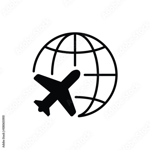 Globe plane icon. Simple solid style. Travel around the world, airplane, world map, globe, round, circle, transportation concept. Black silhouette, glyph symbol. Vector illustration isolated.