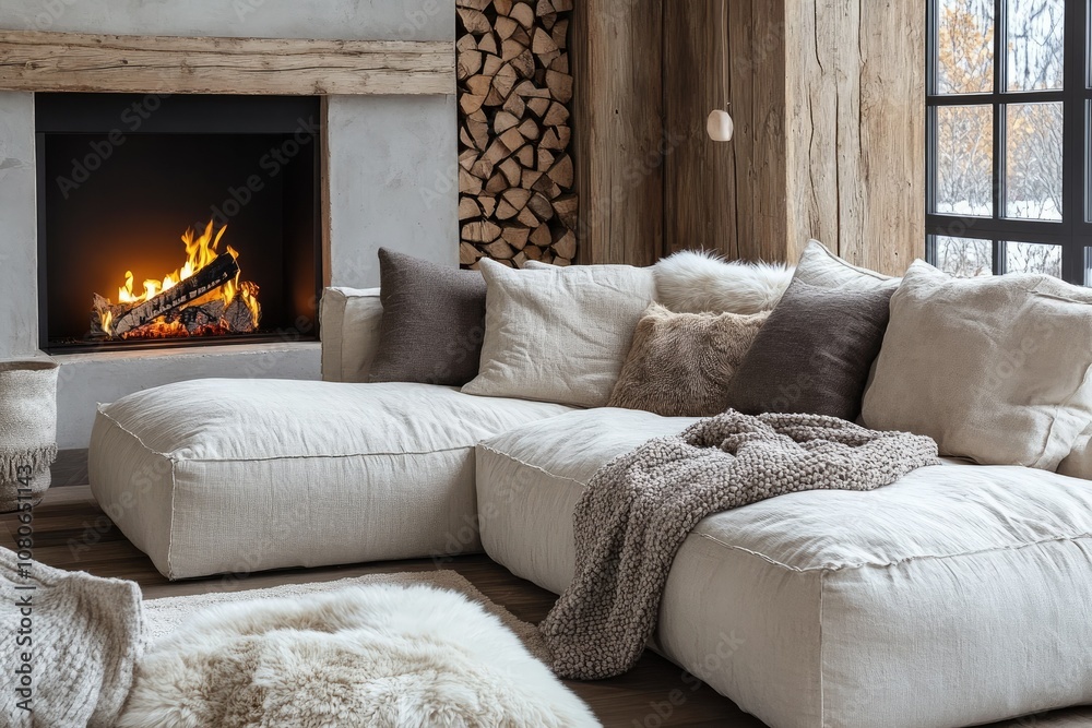 Fototapeta premium Cozy Living Room with Fireplace, Sofa, and Plush Pillows