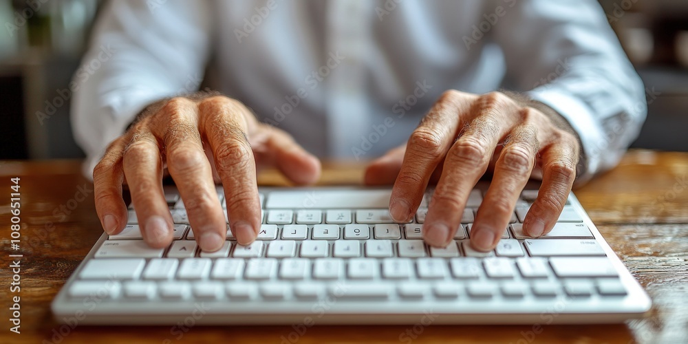 A person's hands are typing on a modern white computer keyboard, showcasing an office or work environment, likely focused on business or technology tasks A person's hands are typing on a modern white computer keyboard, showcasing an office or work environment, likely focused on business or technology tasks