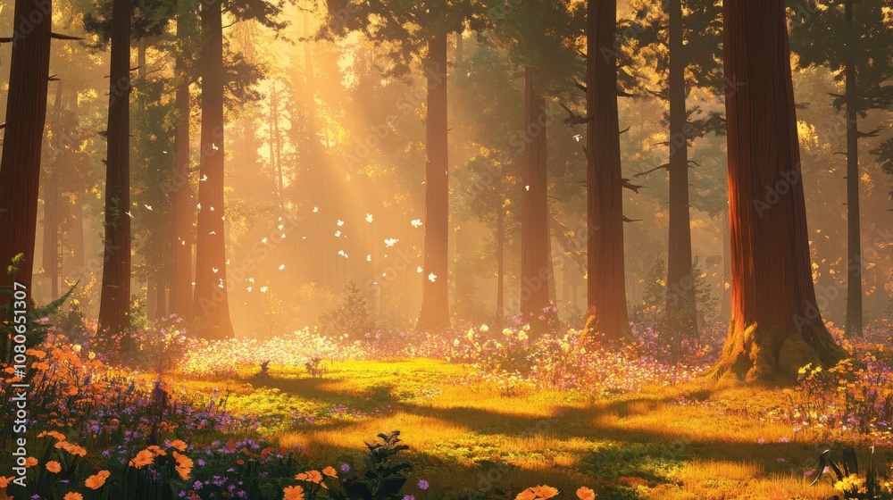 Fototapeta premium Misty sunlit woods with soft shadows creating a nostalgic forest scene