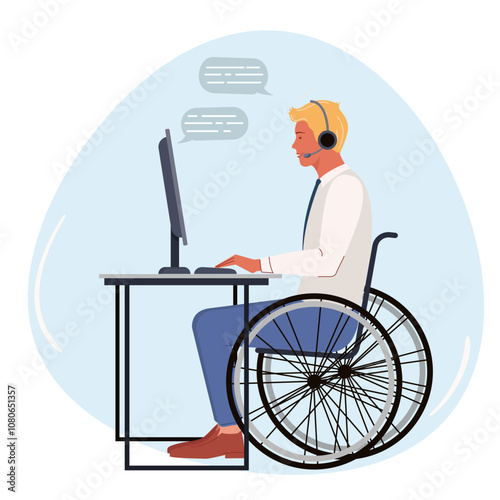 A man in a wheelchair works in a call center office. Flat style. 