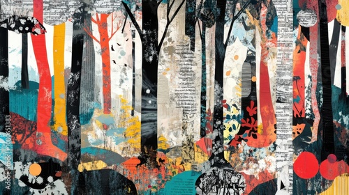 Fototapeta Naklejka Na Ścianę i Meble -  Dadaist forest wallpaper with chaotic shapes and bright random text