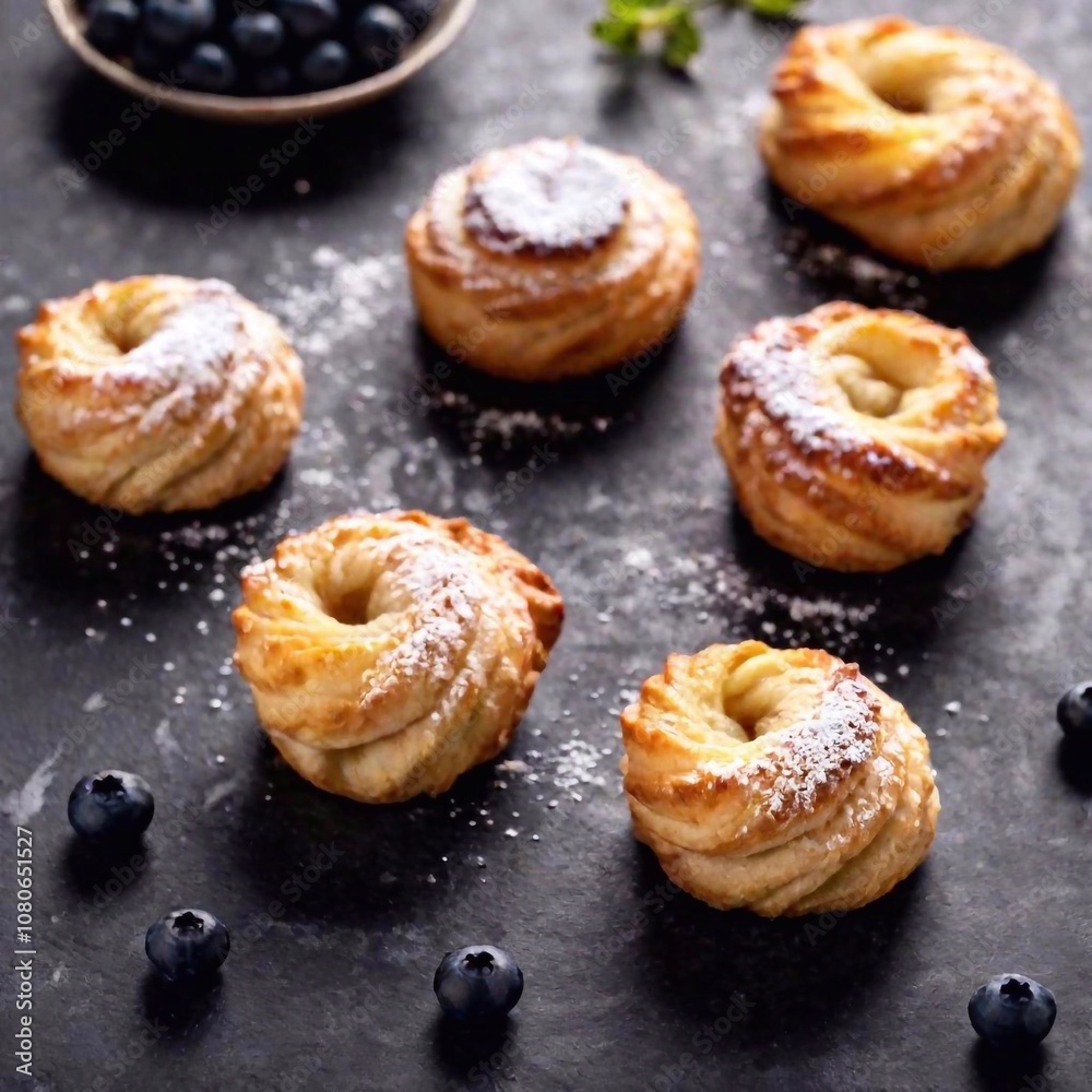 isolated intricate danish pastries on black marble surface with icing sugar and blueberry filling isolated intricate danish pastries on black marble surface with icing sugar and blueberry filling