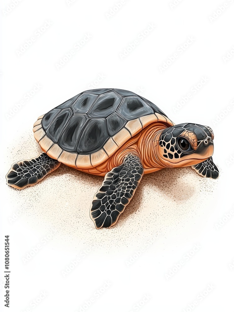 Fototapeta premium Turtle on sandy beach, white isolate background