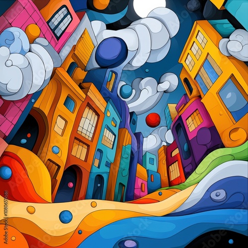 Vibrant streets with colorful abstract buildings.
