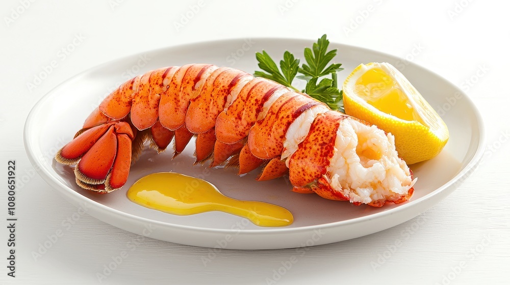 A succulent lobster tail served on a plate with lemon and herbs, showcasing vibrant colors and inviting textures, perfect for seafood lovers. A succulent lobster tail served on a plate with lemon and herbs, showcasing vibrant colors and inviting textures, perfect for seafood lovers.