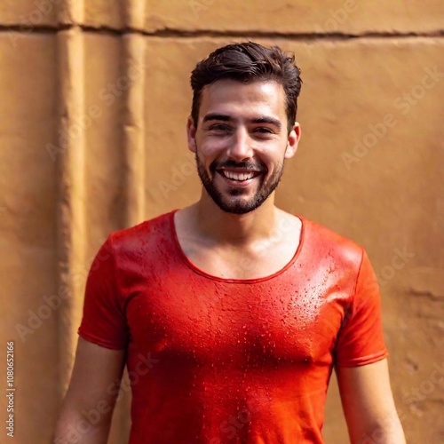 A participant in La Tomatina caught mid-laugh, covered in tomato juice, as a tomato explodes against their back photo